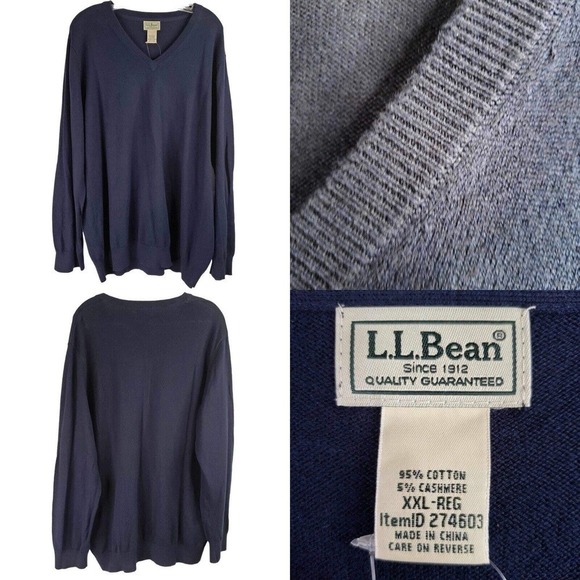LL Bean Sweater Men’s Size XXL Navy Blue CashmereCotton Pullover V-Neck Knit New - Picture 1 of 9